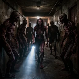 silent hill hallway, flesh monsters walking toward camera, flashlight pov