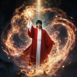 symmetry, tarot magician facing camera, man with red robe over a white shirt onearm held high, swirling glowing magical energy, magic realism, artwork by chengwei pan, trending on artstation, dramatic lighting