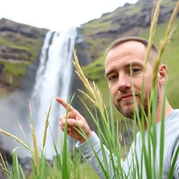 a man points at blades of grass, in the background a waterfall