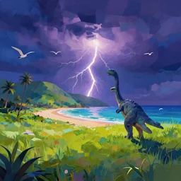low angle, low poly, impressionist lights, psychedelic water colors, grassy hills background, tropical 🏝 island with a beach, night with thunder and lightning, nautical birds in the sky, dinosaurs 🦖