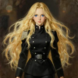 baroque oil painting jessica alba ln illustration concept art lotr anime key visual portrait long flowing blonde hair blue eyes symmetrical perfect face fine detail delicate features quiet gaze fitted black military uniform gapmoe kuudere bokeh trending pixiv fanbox by greg rutkowski makoto shinkai takashi takeuchi studio ghibli