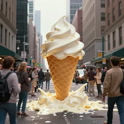 a photograph of a giant upended ice cream cone sculpture in the center of a new york street, the ice cream floods the street and a crowd of people stand around it, by Claes Oldenburg, pop art, 3D render, Volumetric dynamic lighting, Highly Detailed, Cinematic Lighting, Unreal Engine, 8k, HD