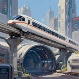 a beautiful matte painting of a scifi monorail, tunnel below cybercity, by tyler edlin, trending on artstation