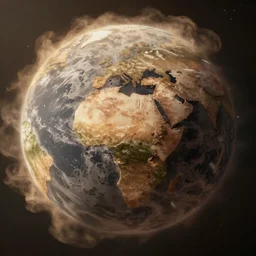 a distant brown desertified earth floating in outer space, full planet view, with dust haze around it, hyperrealistic, Cryengine, 8k UHD