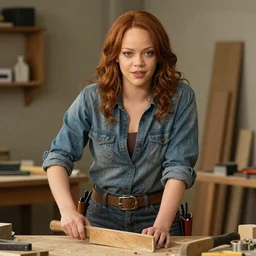 A full body shot of Emma Stone dressed as a carpenter,, high quality, fully detailed, 4k, inspired by the song work by rihanna , her beautiful eyes are very accuratly detailed and in focus