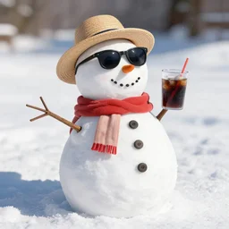 a real snowman! wearing sunglasses, wearing straw hat, drinking cold soda, sunbathing on the beach, on a beautiful sunny day, photorealistic image ultra detailed, high resolution, trending at artstation