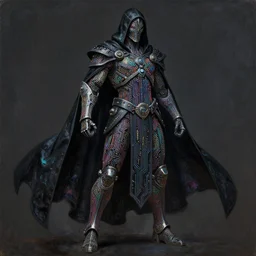 dark cyborg assassin! cloak armour made of intricate complex circuitry and microchips, iridescent, black cape, warrior, colorful, intricate linework, gothic baroque, athletic stance, magical, realistic oil painting, artstation, rutkowski, wlop, chebokha, artgerm