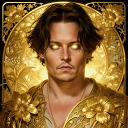 fat overweight johnny depp, sci fi, glowing eyes, volumetric lights, gold theme, art nouveau botanicals, intricate, highly detailed, digital painting, artstation, concept art, smooth, sharp focus, cinematic, illustration, beautiful face, art by artgerm and greg rutkowski and alphonse mucha
