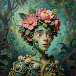 eadshot of a trickster nature frmale, head made of fruit and flowers in the style of arcimboldo, fragonard, covered with tendrils and snail shells, oil painting, ethereal, atmospheric lighting, action figure, clay sculpture, claymation, turquoise pink and green, botanical rainbow backdrop