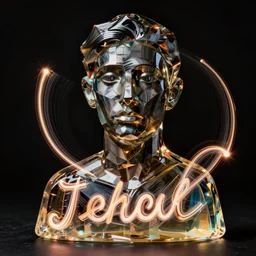 a cubist portrait of a glass jello calligraphy cast-glass light-trails sculpture that is made of high-contrast dark polished metal brushstrokes of neon light-trails