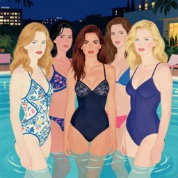 portrait of mix of beautiful young maria shriver, mariel hemmingway, brooke shields, nicole kidman and elle macpherson in a swimsuit, summer night, city pool, very coherent and colorful high contrast art, art by simon stalenhag, james gilleard, floralpunk screen printing woodblock, pastel color, hard lightings