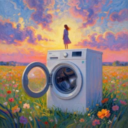 large washing machine head, girl standing in a flower field, surreal photography, sunrise dramatic light, impressionist painting, colorful clouds, digital painting, pointillism, artstation, simon stalenhag