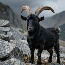 closeup of black goat in avila mountains, granite stones, 4 k, concept art, by wlop, ilya kuvshinov, artgerm, krenz cushart, greg rutkowski, pixiv. cinematic dramatic atmosphere, sharp focus, volumetric lighting, cinematic lighting, studio quality