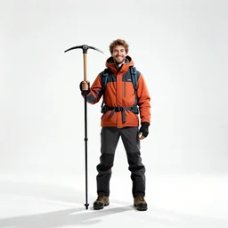 cheerful mountaineer with ice axe, cinematic studio photo, full body, standing, isolated on a pure white background, centered, whole figure in frame, sharp focus, studio lighting