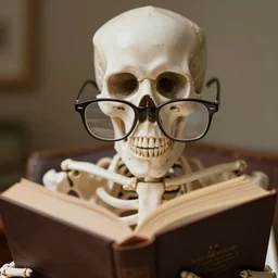 a skeleton with glasses reading a book, photorealistic, macro lens
