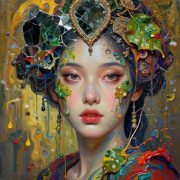face closeup of beautiful girl in intricate detailed color smashing fluid oilpaint, 3 d render, hyper realistic detailed portrait, color leaves, melting wax, ornate headpiece, broken mirror, fluid acrilic, thin fractal tendrils, ruan jia, wlop. scifi, fantasy, hyper detailed, octane render, concept art, by peter mohrbacher, by gustav klimt,