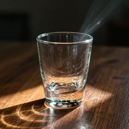light refraction of a empty glass cup on a wooden table