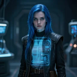 in _ the _ style _ of _ star _ wars _ charlie _ bowater _ _ _ pale _ woman _ young _ hologram _ blue _ hair _ _ _ dark _ futuristic _ lab _