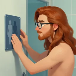 a beautiful cute german guy with very long chestnut! hair, with glasses and goatee, attending a swimming looking at the girl bathroom door sign, digital painting, concept art, matte, artgerma and greg rutkowski