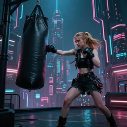 a girl like (yoona, Elle Fanning), punching in a bag, background cyberpunk city, full shot, photo, volumetric lighting, epic composition, intricate details, dark neon punk, by KDA