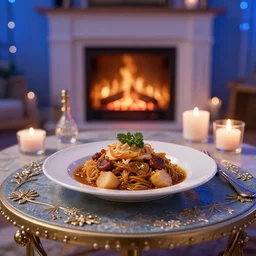 photo of a delicious dish on a ornament table, cosy atmosphere, ambient blue lights, candles, fireplace, ultra realistic details, trending on artstation, 8 k