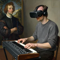 man wearing vr - brain - interface plays a modular synthesizer. painted by hieronymus bosch, giuseppe arcimboldo, eric lacombe.