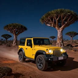 yellow mahindra thar riding through moonlit socotra island with dragon trees, starry night, sharp focus, wide shot, trending on ArtStation, masterpiece, by Greg Rutkowski, by Ross Tran, by Fenghua Zhong, corona render, soft render, ultrarealistic, colorful, cinematic, shadow of the tomb rider