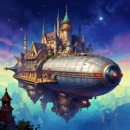 scifi airship docked at a floating victorian era city, dnd illustration, colorful, vibrant, starry sky, reminiscent of bioshock infinite