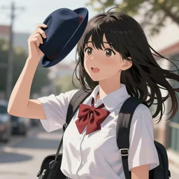 Fanart of a highschool anime girl holding her hat beacause of a slightly strong breeze, sunny day, art by Artgerm, 4k, beautiful, high detail, high contrast, rich background