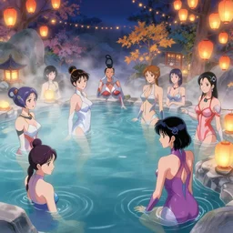 multiversal otherworldly onsen with beautiful women in high tech suit on natural steaming water having fun, festivals, lanterns, by amano yoshitaka, marc simonetti, jean giraud, martine johanna, josan gonzalez, beautiful, smooth, clean details,