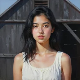 hyper realistic detailed painting of a young woman in the shadow of a barn. perfect face, black hair, white dress, highly detailed, sharp focus, art by eddie mendoza, wide angle.
