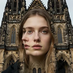 colour photo of a beautiful sublime young woman's face merging with a gothic cathedral building, anatomically correct, moody, highly detailed, rule of thirds, face in sharp focus, art by raphael, john william godward, alphonse mucha, android jones