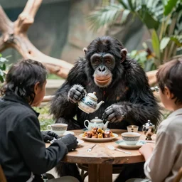 photograph of a realistic chimp's tea party at a zoo hdr cinematic 3 5 mm