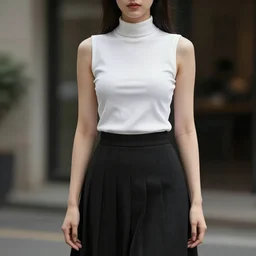 Woman in White Sleeveless turtleneck t-shirt, black pleated skirt. Highly detailed, 50mm, cinematic. By Leng Jun