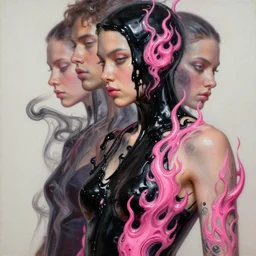 3 d, close - up, liquid black oil, fashion model with pink tattoo, flame, poster art, high detail, intricate oil painting, multiple exposure, hyperrealism, 3 d, by tooth wu and wlop and beeple and greg rutkowski