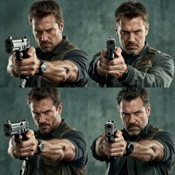 4 armed man holding gun each hand, cinematic ultra realistic. cinematic ultra detailed. metal gear solid in style of frank grillo
