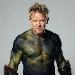 full Portrait photography of someone who has the face of Gordon Ramsay, the body of a fantasy orc