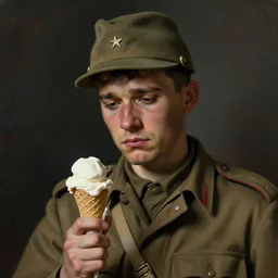 portrait of very sad soldier with an ice cream cone in his hand by emile friant