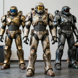 photo taken of an epic intricate, ultra detailed, super realistic gritty, hero prop, exquisitely weathered fallout 4 power amour suit movie prop replica's in a row in the workshop, created by weta workshop, full body shot, photorealistic, sharp focus, white wall, cold colour temperture, golden ratio