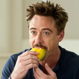 robert downey jr. eating a mango.