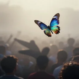 in the misty morning, a large, luminous butterfly flew over the crowd, creating a huge shadow, by craig mullins