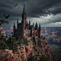 dark gothic palace made of rock with tall spires, bristlecone pine trees, grand canyon, ultrawide cinematic 3d render, dark dramatic skies, atmospheric, vultures