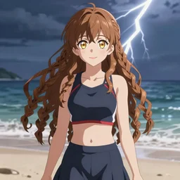 a very beautiful anime Makise Kurisu, full body, long braided curly hair, twisted braids, golden watery eyes, full round face, short smile, sports bra and skirt, serene beach setting, cinematic lightning, medium shot, mid-shot, highly detailed, trending on artstation, Unreal Engine 4k, cinematic wallpaper by Stanley Artgerm Lau, WLOP, Rossdraws, James Jean, Andrei Riabovitchev, Marc Simonetti, and Sakimichan