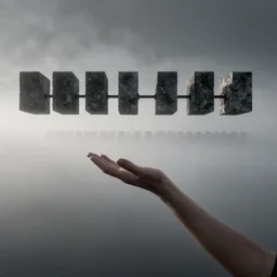 arm reaching out of thick fog, symetrical rows of stone blocks in far distance, floating in mid - air, lined up horizontally, close together, zdzislaw beksinski