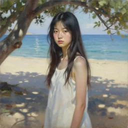 oil painting by ilya kuvshinov,, baugh casey, artgerm craig mullins, coby whitmore, of a youthful japanese girl, long hair, fully clothed at the beach, highly detailed, breathtaking face, studio photography, noon, intense bounced light, water reflection, large tree casting shadow, serine intense sunlight in the style of zack snyder