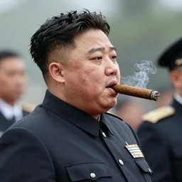 side view of kim jong un with a cuban cigar in his mouth, anatomically correct, hyperrealistic, natural colors, during the day, photograph,