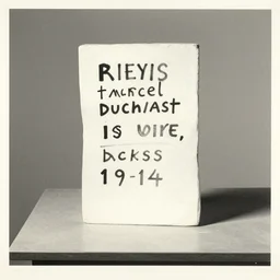 a white object with writing on it sitting on a table, a surrealist sculpture by marcel duchamp, archival pigment print, 1 9 1 4, conceptual art, artwork, academic art, surrealist