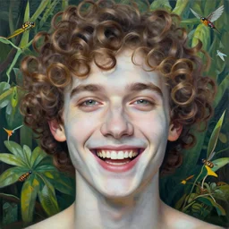 the face of a young man with marble complexion, angelic features, dancing curls around his face, laughing, symmetrical eyes, acrylic by android jones and alex grey, background lush vegetation, insects and birds, 8 k uhd