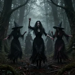 evil witches dancing in the woods ultra high detail Silent Hill style, lonely vibe, silent hill vibe, high detail, hyperrealistic, photorealistic, octante render, cinematic, high textures, hyper sharp, 4k insanely detailed and intricate, hypermaximalist, hyper realistic, super detailed, 4k HDR hyper realistic high quality foggy,haunted, dark, creepy, Silent Hill style, lonely vibe, silent hill vibe