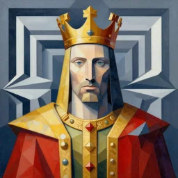 a colour portrait of a king, a geometrical matte painting, in the style of mc escher and h. r. giger, full colour, symmetrical, 8 k, hyperdetailed,